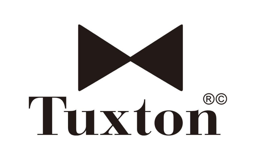 Black bowtie icon above the word Tuxton in bold, elegant serif font with a registered trademark symbol, representing premium commercial tableware on a clean white background.