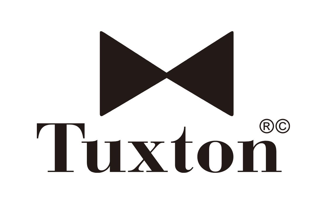 Black bowtie icon above the word Tuxton in bold, elegant serif font with a registered trademark symbol, representing premium commercial tableware on a clean white background.